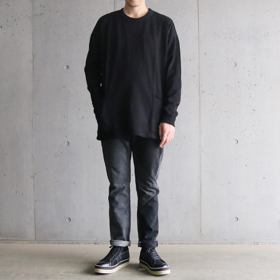 KLASICA (クラシカ) [DOZE] HOUND TOOTH JACQUARD JERSEY SIDE POCKET WIDE BODY PULL OVER / ルーズシルエット ポケット付き クルーネックセーター (BLACK)