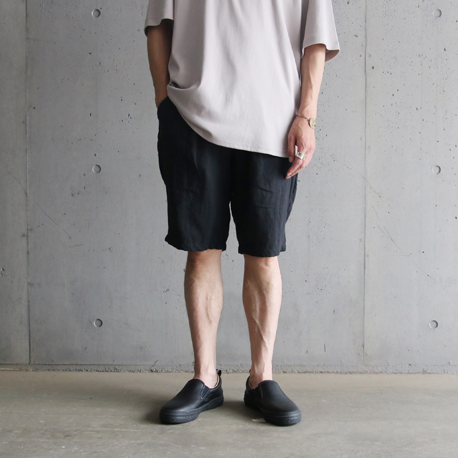 Re made in tokyo japan (アールイーメイドイントウキョウジャパン) No7821S-BT [ French Linen Tuck Half PTS ] フレンチリネン 1タック イージーハーフパンツ (BLACK) 